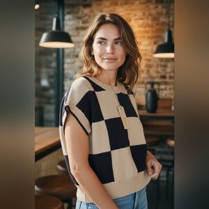 moon & madison Black and Cream Checkered Top Size M